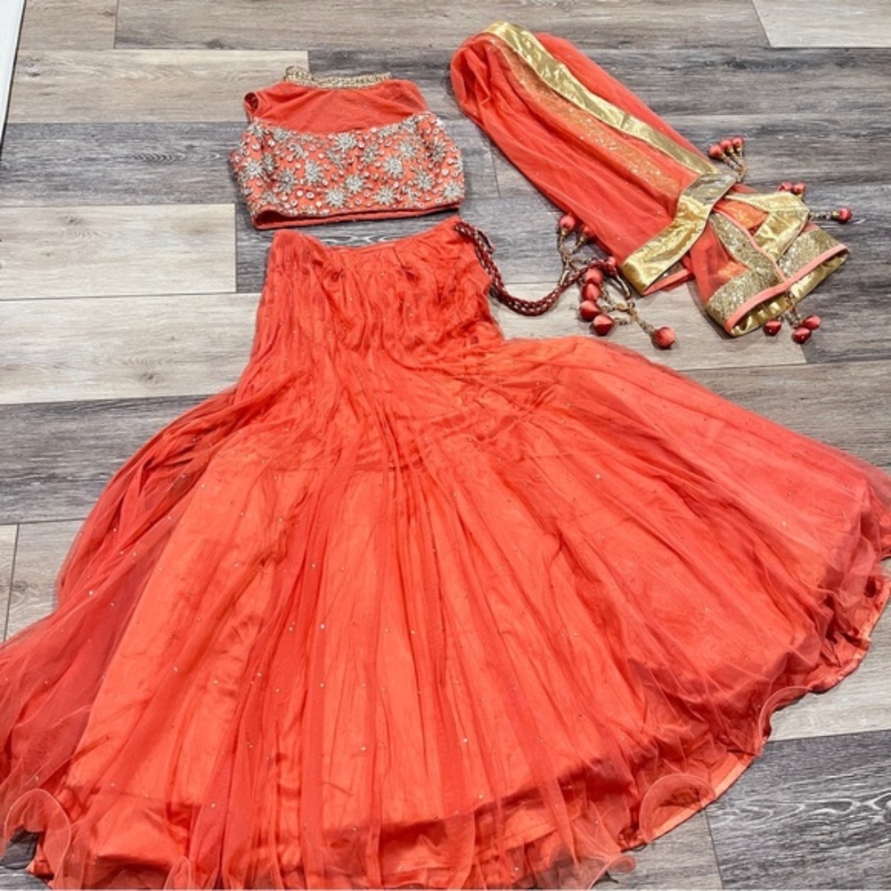 Indian party wedding reception lehenga choli dress orange XS